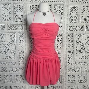 Lucy Paris Coral Pink Ruched Bubble Hem Halter‎ Mini Dress Sz XS